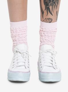 Keep your feet warm and cozy in these pink slouchy knee highs! The perfect complement to your boots!Fits shoe size 4 - 1097% polyester; 3% spandexWash cold; dry lowImported Long White Socks, Socks Thigh High, Disney Valentines, Knee Highs, Tall Hoodies, Pink Socks, Socks Sneakers, Plus Size Fits, Pink Sneakers