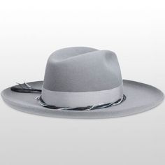 Whether running your daily errands or heading out for an evening on the town, do it in style with the Oceanus Hat. Up to par with Stetson's line of cowboy hats, this fashionable gray hat features a faux leather sweatband, two hand-dyed twisted silk cords, and a brim curl. Classic Gray Hats For Spring, Classic Gray Hat For Spring, Classic Gray Spring Hat, Gray Brimmed Fedora For Spring, Gray Short Brim Fedora For Spring, Gray Fedora Hat For Winter, Western Fedora With Flat Bill For Spring, Western Style Fedora With Flat Bill For Spring, Gray Wide Brim Fitted Felt Hat