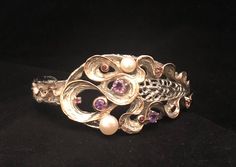 Beautiful Silver Bangle set with Amethyst Rhodolite Garnet White Pearls Rhodium and Ros Gold Touches, elegant and , unique  Size 15.5 cm Adjustable, weight 37.56g Ros Gold, Carmel Valley, Rhodolite Garnet, Touch Of Gold, Silver Bangle, Fantasy Jewelry, Bangle Set, Silver Bangles, Pearl White