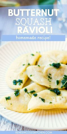 homemade butternut squash ravioli on a white plate with spinach and parsley