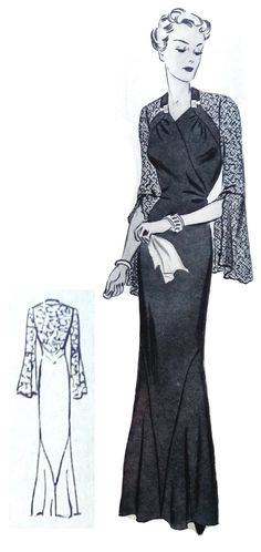 a drawing of a woman wearing a dress and jacket with an open back, in front of