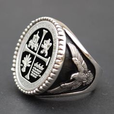 Splendid 925 Sterling Silver Signet Ring - American Eagle Design. Hand-made. Antique style oxidized. The ring is set with an authentic US 2019 Texas San Antonio Missions National Historical Park 90% Silver Proof BU Uncirculated Coin - America the Beautiful. The coin is set with 4 prongs and very secure. The ring is about 1" (26 mm) wide and 23 grams. Great detail, nice depth, and beautiful contrast. I only use these coins with strong readable dates, never try to clean them, and always keep their Silver Oxidized Finish Signet Ring As Gift, Symbolic Silver Signet Ring With Oxidized Finish, Silver Symbolic Signet Ring With Oxidized Finish, Anniversary Silver Signet Ring With Oxidized Finish, Classic Silver Rings For Commemoration, Symbolic Silver Ring For Commemoration, Silver Engraved Ring With Oxidized Finish, Vintage Silver Engraved Ring In Stainless Steel, Silver Engraved Ring Stamped 925 For Commemoration