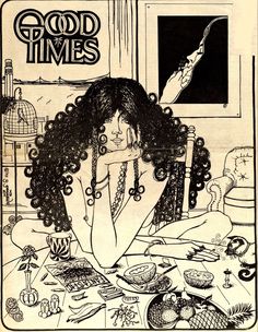 an advertisement for good times with a woman sitting at a table