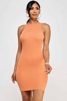 model is wearing Orange Ribbed Sleeveless Mini Dress Sleeveless Bodycon Ribbed Dress, Ribbed Fitted Sleeveless Dress, Knee-length, Fitted Ribbed Sleeveless Knee-length Dress, Fitted Ribbed Sleeveless Mini Dress, Chic Ribbed Bodycon Summer Dress, Chic Ribbed Mini Dress For Spring, Chic Sleeveless Ribbed Mini Dress, Chic Ribbed Knee-length Mini Dress, Chic Ribbed Mini Dress For Summer