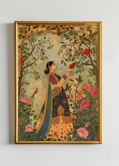 a painting on the wall with a woman holding a bird in front of flowers and trees