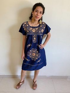 Mexican blue embroidered dress, hand embroidery tunic, fiesta outfit, resort wear, beach wedding, cinco de mayo, boho hippie, mexican party Dress Hand Embroidery, Mexican Blue, Blue Embroidered Dress, Mexican Skirts, Resort Wear Beach, Fiesta Outfit, Mexican Outfit, Mexican Dress, Mexican Party