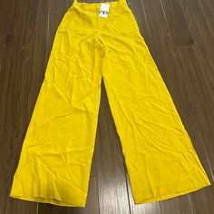 Zara Yellow Pants Trendy Linen Wide Leg Pants For Spring, Trendy Summer Ankle-length Bottoms, Trendy Ankle-length Summer Pants, Trendy Ankle-length Summer Bottoms, High Waist Solid Color Summer Pants, High Waist Solid Pants For Summer, Solid High Waist Pants For Summer, High Waist Pants For Summer, Solid Color High Waist Bottoms For Spring