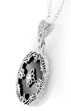 Art Deco Flowers Oval Black Onyx and Diamond Filigree Pendant Necklace in Sterling Silver - Item: N154 Sunshine And Flowers, Art Deco Flowers, Deco Flowers, Jewelry Lifestyle, Vintage Diamond Jewelry, Filigree Pendant Necklace, April Birthstone Jewelry, Stained Glass Jewelry, Black Onyx Necklace