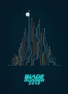 the poster for blade runner 2019 is shown in blue and orange colors with an apple on top