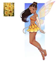 a fairy with long black hair and a yellow dress is standing in front of flowers