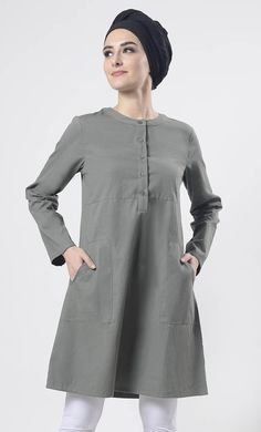 Grey Sober Everydaywear Front Open Button Long Tunic Spring Button-up Tunic With Buttons, Spring Workwear Tunic With Buttons, Spring Button-up Tunic With Button Closure, Button-up Tunic For Daywear, Spring Cotton Button-up Tunic, Button-up Tunic For Workwear, Relaxed Fit Button-up Tunic, Button-up Tunic For Work, Casual Tunic With Button Closure For Daywear