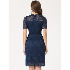 The gentle lace floral pattern makes this dress stand out, and show out your feminine and elegant temperature. This dress is an excellent choice for those looking for a flattering design that conceals any areas of concern around the tummy and arms. Its versatile style makes it suitable for various occasions, from bridesmaid duties to proms, weddings, cocktails, formal parties, and even casual wear. The vintage lace adds a touch of elegance, and it pairs well with high heels and exquisite necklac Blue Lace Dress With Lace Trim For Formal Occasions, Blue Lace Dress With Lace Trim For Formal Events, Blue Knee-length Lace Dress, Elegant Blue Lace Dress With Short Sleeves, Blue Fitted Lace Patchwork Dress, Blue Sheath Lace Dress For Party, Blue Lace Formal Dress, Dresses Royal Blue, Stretch Lace Fabric