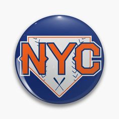 the new york mets logo is shown on a blue button with an orange and white design