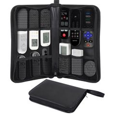 an electronic device in a black case on a white background with a zippered pouch