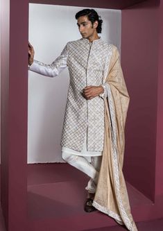 Contrast By Parth-Dazzle Off-White Sherwani Set-INDIASPOPUP.COM White Sherwani, Wedding Outfits For Groom, Modern Mens Fashion, Indian Men Fashion, Indian Groom, Indian Heritage, Patch Work, Wedding Service, India Fashion