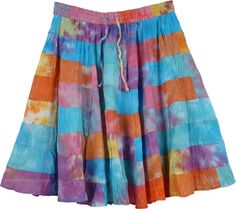 Pastel Patches Skirt in Cotton - An extremely unique one-of-a-kind style in short skirts. An 8-tier beauty, absolutely awesome cheerful color scheme in purple, blue, pink, yellow and orange. An unique vintage look tie dye, patchwork and rainbow skirt, extremely colorful blended tones of pastel shades. The patchwork pattern looks great on this short length skirt with a lot of fabric to go around, 8 wonderful vibrant tiers. It features an elastic waist with a flexible drawstring. This chic skirt c Summer Patchwork Mini Skirt, Colorful Vibrant Summer Skirt, Colorful Vibrant Skirt For Spring, Colorful Vibrant Spring Skirt, Vibrant Colorful Skirt For Spring, Multicolor Knee-length Cotton Skirt, Multicolor Cotton Knee-length Skirt, Vibrant Colorful Summer Skirt, Vibrant Colorful Spring Skirt