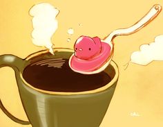 a painting of a pink object floating in a cup of coffee with steam coming from it