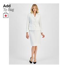 in stock Tailored Classic Jacket Dress For Semi-formal Occasions, Formal White Fitted Jacket Dress, White Fitted Jacket Dress For Formal Occasions, Tailored Long Sleeve Skirt Suit For Career, White Fitted Jacket Dress For Work, Fitted Professional Sets For Spring, Elegant Sets For Workwear, Spring Professional Fitted Sets, Elegant White Single Button Sets