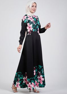 Front view of Floral Grace Black Crepe Maxi Dress Crepe Maxi Dress, Elegant Wear, Black Backdrop, Black Backdrops, Abaya Dress, Modest Dresses, High Neckline, Formal Occasion, Modest Fashion