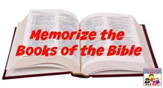 an open book with the words memoize the books of the bible in red lettering