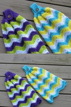 three crocheted hats sitting on top of a wooden table