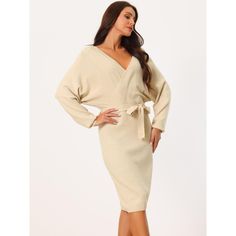 Introducing the Seta T Women's Deep V Neck Wrap Lantern Sleeve Belted Bodycon Mini Sweater Dress. This dress boasts a fashionable design with a deep V-neck, wrap feature, batwing long sleeves, belted waistline, and a bodycon fit that creates a feminine silhouette. Its elegant style is perfect for those who want to make a statement and turn heads wherever they go. The dress is available in a variety of colors, making it versatile and easy to style according to your unique taste. Chic Beige V-neck Bodycon Dress, Cream Fitted V-neck Sweater Dress, Spring V-neck Stretch Sweater Dress, Chic Stretch V-neck Sweater Dress, Elegant V-neck Bodycon Sweater Dress, Midi Sweater Dress, Beige Stretch V-neck Sweater Dress, Mini Sweater, Maxi Bodycon Dress