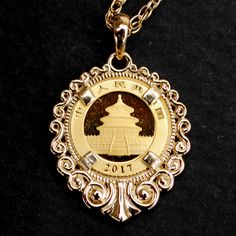 "You are looking at a gorgeous solid gold necklace, set with an authentic 2017 Chinese 10 Yuan Panda 1 Gram .999 Fine Gold Coin. The coin bezel is well designed with classic scrolls, about 0.8\"(21 mm) x 0.57\"(15 mm), and is made of 14K Solid Yellow Gold. The coin is 10 mm diameter, backside 4-prong set, and you can see both sides of the coin. I designed and made this pendant myself, which is a brand new one and has never been worn or used before. You can buy the pendant only, or buy the pendan Engraved Yellow Gold Coin Necklace Collectible, Ceremonial Yellow Gold Coin Pendant Necklace, Yen Coin Necklace, Yellow Gold Coin-shaped Brass Necklaces, Gold Engraved Amulet-style Coin Necklace, Gold Coin Necklace, Solid Gold Necklace, Gold Necklace Set, Gold Coin