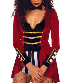 Seeing nothing but party animals this Halloween? Make like animal control in our Women's Lion Tamer costume. Embody your inner ringleader with this eye-catching red jacket. It's even got a military feel with those shiny gold buttons, so your fellow party guests won't forget who's in charge! Add a touch of class with the bowtie and miniature top hat. You might roll around all day with animals, but you've still got style. Finishing it all off are a pair of striped shorts - but you can climb in and Lion Tamer Costume Women, Lion Tamer Halloween Costume, Lion Tamer Costume, Home Halloween Costumes, Cat Jumpsuit, Lion Tamer, Hot Costume, Bodysuit Costume, Tipsy Elves