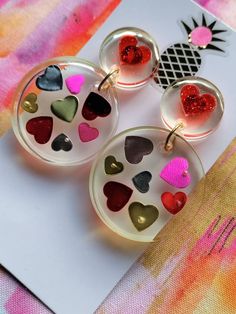 "Resin earrings with colorful heart confetti One-of-a-kind 1.75\" long" Heart Confetti, Loc Jewelry, Bamboo Earrings, Resin Earrings, Oct 31, Colorful Heart, Resin Crafts, Hair Jewelry, Roxy