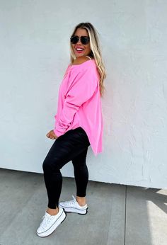 They are ULTIMATE softness, raglan sleeves, TOTALLY figure flattering with a high/low hemline, can be worn on/off shoulder and of COURSE has thumbhole cuffs! Sizes XS-3XL Fit: Oversized, slouchy fit, can wear on/off shoulderFeatures: Raglan style sleeve, thumhole cuff, high/low hem FABRIC: 90% POLY 10% SPAN SIZING: XS: 0-4 S/M: 4-8 F. Length: 25" Back length: 30.5 L/XL: 8-14 Front length: 26" back length: 33" 1X: 16 2XL: 18 3XL: 20/22 Blue, white, coral, Aqua, black, pink Coral Aqua, Athleisure Tops, Blowout Sale, White Coral, High Low Hem, On Off, Raglan Sleeve, Athleisure, Pre Order