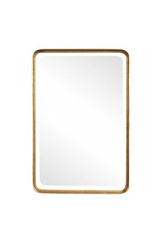 a square mirror with gold frame on a white background, it is isolated from the side