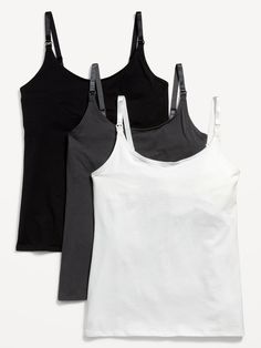 Set includes 3 nursing cami tops.  Adjustable spaghetti straps, with detachable clips for easy, convenient nursing.  Scoop neck.  Built-in shelf-bra with banded-elastic hem provides extra comfort and support.  Soft-washed, lightweight cotton jersey, Summer Nursing Bra With Adjustable Straps, Supportive Tank Top With Adjustable Straps, Stretch Camisole Nursing Bra With Adjustable Straps, White Nursing Bra With Adjustable Straps, White Stretch Nursing Bra With Adjustable Straps, Stretch Nursing Bra With Spaghetti Straps, Fitted Nursing Bra With Built-in Camisole, Postpartum Capsule Wardrobe, Breastfeeding Fashion