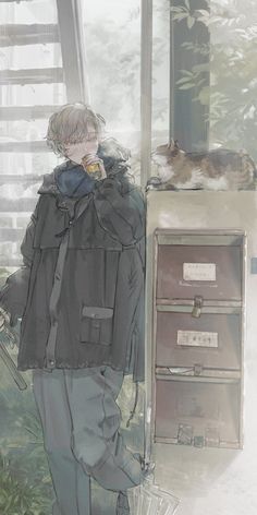 a drawing of a man standing next to a mailbox