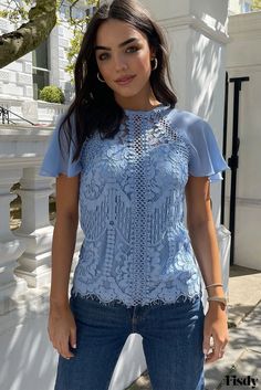 Fisdy - Contrast Lace Petal Sleeve Crew Neck T-shirt with a Touch of Elegance Lace Crochet Top, Sleeveless Kimono, Sky Blue Dress, Nature Dress, Crochet Lace Top, Petal Sleeve, Lace Crochet, Sleeve Detail, Club Dresses