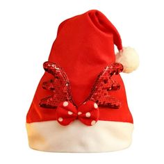 a red and white santa hat with sequins on the front, bow at the back