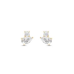 Why settle for one when you can have two? These two-stone studs feature a round and pear-cut diamond sparkling in perfect harmony. Trendy in style yet timeless in appeal, these earrings will pair seamlessly with any ensemble. Elegant Three Stone Wedding Earrings, Elegant Three-stone Wedding Earrings, Classic Diamond Earrings With Sparkling Stones, Three Stone Cubic Zirconia Earrings For Wedding, Elegant Diamond White Three Stone Diamond Earrings, Classic Pear-shaped Diamond White Cluster Earrings, Timeless Pear-shaped Brilliant Cut Earrings, Elegant Yellow Gold Three Stone Earrings, Classic Pear-shaped Cluster Earrings