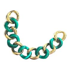 Christina Addison Elegant 18kt Yellow Gold and Malachite curved link bracelet with self-link closure. The fabulous bracelet measure 7 1/2 inches. The gold and Malachite links measure approximately 1" across and 7/8".  The collection is made to order and can be made with whichever color stones you select for your outfit or your mood!  The earring Collection can be made for Clip or Pierced earrings.   Christina Addison Fine Jewelry NYC Gold Link Bracelet, Earring Collection, Color Stones, Gold Link, Fine Jewelry Designers, Earrings Collection, Pierced Earrings, Earings Piercings, Link Bracelets