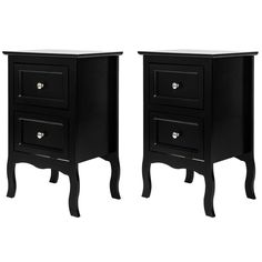 two black nightstands side by side with one drawer open and the other closed on both sides