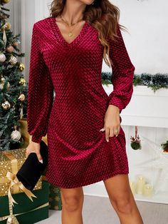 Women V-Neck Velvet Christmas New Year Mini Dress Red Casual  Long Sleeve Knitted Fabric Plain,All Over Print,Textured Pattern A Line Non-Stretch,Slight Stretch  Women Clothing, size features are:Bust: ,Length: ,Sleeve Length: Velvet Christmas, Womens Short Dress, Sequin Sleeve, Elegant Dresses For Women, Crewneck Dress, Dress For Short Women, Red Mini Dress, Nouvel An, Inspiration Mode