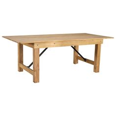 a wooden table with metal legs on a white background