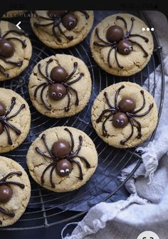 cookies with chocolate spider decorations are on a cooling rack