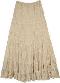 A beige-cream-colored broomstick style skirt in slightly crinkled cotton fabric for summers.  This ankle-length tiered skirt features eight tiers with unfinished flouncy hemline on each tier. #tlb #Crinkle #TieredSkirt #Pocket #longcottonskirt #skirtwithpockets Beige Tiered Flowy Maxi Skirt, Beige Flowy Tiered Maxi Skirt, Beige Tiered Lined Maxi Skirt, Cream Cotton Ruffled Skirt, Beige Summer Tiered Maxi Skirt, Cream Tiered Lined Maxi Skirt, Beige Cotton Tiered Maxi Skirt, Beige Cotton Skirt With Ruffles, Beige Bohemian Tiered Maxi Skirt