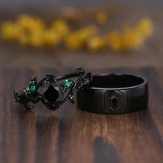 Gothic Hexagon Black Onyx Couples Ring Set Silver Black Ring Plain Stack Matching Band Unique Black Onyx Promise Ring Gift For Her and Him Black gold plated, 10k 14K 18K black gold/yellow gold/ white gold/ rose gold Woman's  Ring: Main stone: 7mm round cut natural black onyx Accent stone:marquise cut lab created green emerald Band width:approx 1.5mm Setting:prongs set Men's ring: Hexagon cut Black Rutilated Quartz Band width:7mm Bezel set Jewelry maintenance tips ▶ To avoid of chemical reactions,do not touch with daily chemicals,such as soap,shower gel,shampoo,chemicals. ▶ To avoid deformation or breakage on any collision or stress,take off it when sporting,sleeping,cooking. ▶Do not expose on high temperature and sun exposure for long time to avoid unnecessary fading. ▶Worn and placed prop Ring Set Silver, Matching Ring Set, Ring Hexagon, Emerald Band, Couples Ring, Couples Ring Set, Her And Him, Promise Ring Gift, Black Ring