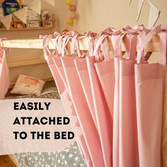 pink curtains with the words easily attached to the bed in front of an image of a child's bedroom