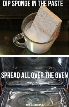 an oven with bread in it and the words dip sponge in the paste spread all over the oven