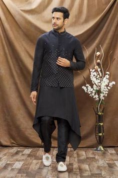 Shop for Vivek Karunakaran Black Poly Raw Silk Star Embroidered Bundi for Men Online at Aza Fashions Kurta Set For Men, Nehru Jackets, Thread Work, Kurta Set, Designer Gowns, Kids Sleepwear, Embroidered Silk, Raw Silk, Mandarin Collar