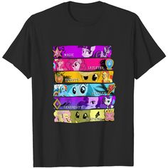 a black t - shirt with many different ponys on it