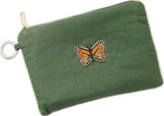 a green pouch with a butterfly embroidered on it