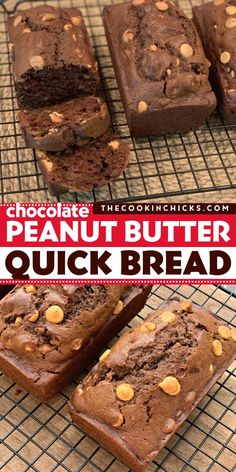 chocolate peanut butter quick bread on a cooling rack with text overlay that reads, chocolate peanut butter quick bread