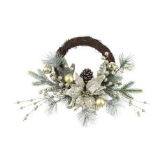 a christmas wreath with pine cones and ornaments